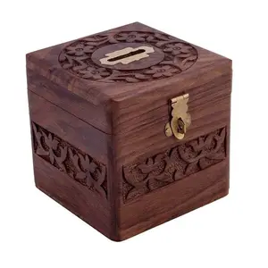 SAHARANPUR HANDICRAFTS Wooden Square Money Bank| Coin Box| Gullak| Money Bank for Kids & Adults| Wooden Gullak| Saving Boxes- Brown