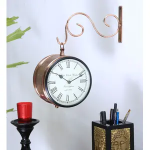 SAHARANPUR HANDICRAFTS Double Side Antique Decorative Railway Metal Wall Clock with Copper Finishing (6 x 6 Inch Copper)