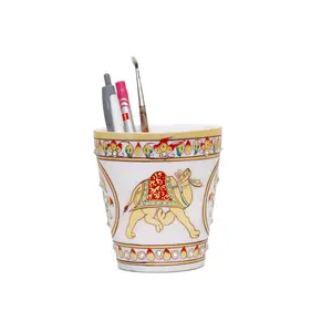 MEENAKARI ENAMEL PRODUCTS Decorative Round Marble Pen Stand for Office Table | Handicraft Home Decor Designer Camel Printed Pen Holder with Rajasthani Meenakari Work for Home (Multicolor 9x9x10 cm)