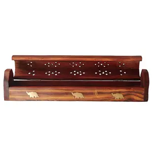 SAHARANPUR HANDICRAFTS Sheesham Wooden and Brass Dhoop Agarbatti Stick Box Holder Stand - Brown (11 x 1 x 1.5 inch)