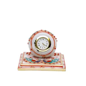 MEENAKARI ENAMEL PRODUCTS Decorative Marble Clock with Plate Stand for Home Table Top Handicrafts Home Decor Designers Peacock Design Watch with Rajasthani Meenakari (Multicolor 10x10x7.5 cm)