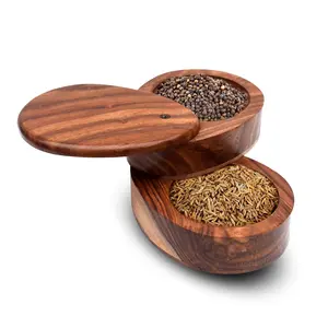 SAHARANPUR HANDICRAFTS Wooden Salt Box & Pepper Storage Bowls With Swivel Lid Container And Pepper Boxes Double Swivel Wooden Spice Box/Dabba Racks For Kitchen Size: 5.75 X 4 X 3.75 Inch 400 milliliter
