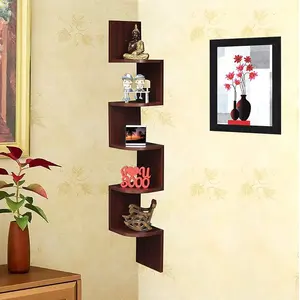 SAHARANPUR HANDICRAFTS Zig Zag Floating Wall Mount Corner Shelf Wooden Display Shelves Storage (Brown)