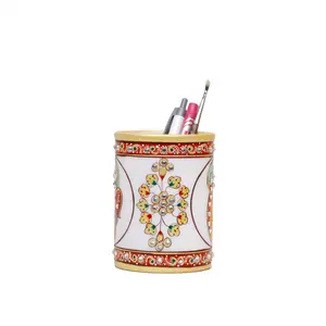 MEENAKARI ENAMEL PRODUCTS Decorative Round Marble Pen Stand for Office Table | Handicraft Home Decor Designer Flower Printed Pen Holder with Rajasthani Meenakari Work for Home (Multicolor 7.5x7.5x10 cm)