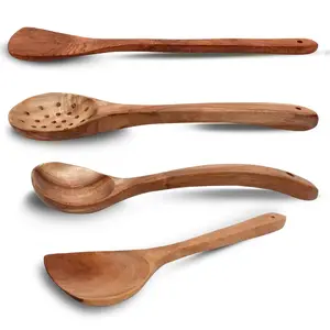 SAHARANPUR HANDICRAFTS Wooden Spoons Set of 4 Cooking & Serving Spoon Ladle & Spatula in Neem Wood Antibacterial Kitchen Tools 4 PcsBrown