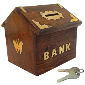 SAHARANPUR HANDICRAFTS Wooden Money Box with Lock Piggy Bank Coin Box Children Gifts(Brown)