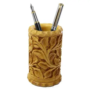 SAHARANPUR HANDICRAFTS Wooden Handmade Leaf Design Pen Stand for Office Table & Desk (4 inch)