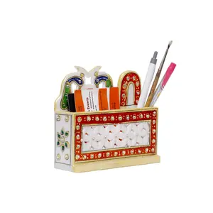 MEENAKARI ENAMEL PRODUCTS Decorative Round Marble Pen Stand for Office Table | Handicraft Home Decor Designer Peacock Design Pen Holder with Rajasthani Meenakari Work for Home (Multicolor 14x4.8x12 cm)