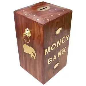 SAHARANPUR HANDICRAFTS Wooden Large Money Bank| Coin Box| Gullak| Money Bank for Kids & Adults| Wooden Gullak| Saving Boxes- Brown