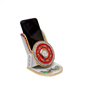 MEENAKARI ENAMEL PRODUCTS Decorative Round Marble Clock Cum Mobile Stand for Home | Table Top Designers Printed Peacock Watch with Phone Holder for Home & Office (Multicolor 10.5x10x11.5 cm)