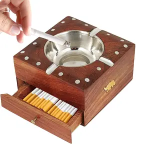 SAHARANPUR HANDICRAFTS Wooden Cigarette Ashtray Sheesham Wood Ash Tray with Drawer Smoke Ash Holder Tabletop Ash Catcher for Outdoors and Indoors with 4 Cigarette Holder Slots Brown 1 Piece size: 4.5 inch