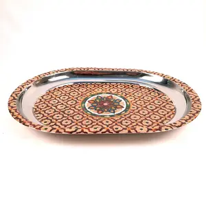 MEENAKARI ENAMEL PRODUCTS Steel Tray | Serving Trays for Tea Coffee & Snacks with Meenakari Work - for Home Dining Table Organization Kitchen & Gifts - 15 inch