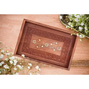 SAHARANPUR HANDICRAFTS Handmade Wooden Serving Tray for Dining Table Wooden Tray for Coffee Tea Breakfast Lunch Dinner Snacks Home and Office Size 12 inch