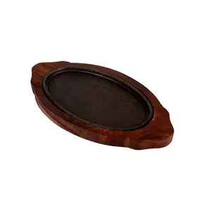 SAHARANPUR HANDICRAFTS Cast Iron Sizzler Plate with Wooden Stand/Oval Sizzler Serving Tray Brown Size 13 x 7 inch 1 Pcs