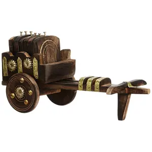 SAHARANPUR HANDICRAFTS Wooden Antique Beautiful Wooden Bullock Cart Shaped Tea Coffee Coaster Set - Home Decor