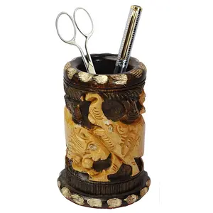 SAHARANPUR HANDICRAFTS Wooden Elephant Carved Pen Stand for Office Desk (Brown)