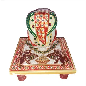 MEENAKARI ENAMEL PRODUCTS: Handmade Decorative Fengshui Marble Meenakari Ganesh Chowki with Rat Design Rajasthani Traditional Multicolour Spiritual Auspicious