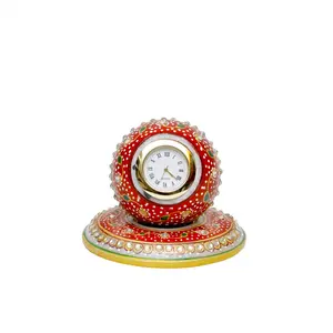 MEENAKARI ENAMEL PRODUCTS Decorative Round Marble Clock with Round Plate Stand for Home | Table Top Handicrafts Home Decor Designer Watch Rajasthani Meenakari Work Office (Multicolor 10x10x7.5 cm)