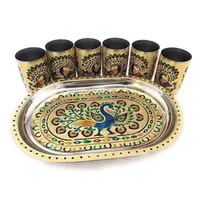 Meenakari Peacock Design Glass with Handle and Handicraft Serving Tray Set (Stainless Steel)