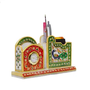 MEENAKARI ENAMEL PRODUCTS Decorative Round Marble Pen Stand for Office Table with Clock | Peacock Design Pen Holder with Rajasthani Meenakari Work for Home (Multicolor 20x5.5x11 cm)