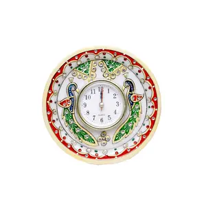 MEENAKARI ENAMEL PRODUCTS Decorative Round Marble Clock for Home | Table Top Handicrafts Home Decor Peacock Watch with Rajasthani Meenakari Work for Office (Multicolor 14.5x4.5x14.5 cm)