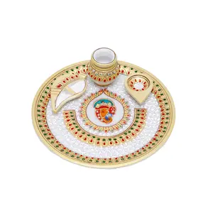 MEENAKARI ENAMEL PRODUCTS 9 Inch Designer Decorative Marble Pooja Thali | Round Shape Handicraft Home Decor Unique Puja Plate Set Golden Meenakari Work for Home and Office (Multicolor 23x23x7.5 cm)