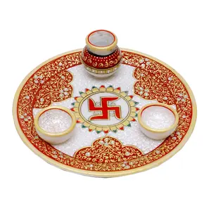 MEENAKARI ENAMEL PRODUCTS 9 Inch Designer Decorative Marble Pooja Thali | Round Shape Handicraft Home Decor Puja Plate Set with Meenakari Work for Home & Office (Multicolor 23x23x7.5 cm)