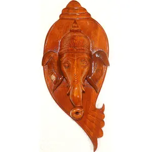 SAHARANPUR HANDICRAFTS God Ganesha Face head wooden handicraft showpieces for wall decoration and Wall mounted Home decor BROWN 29cm 1 in Box