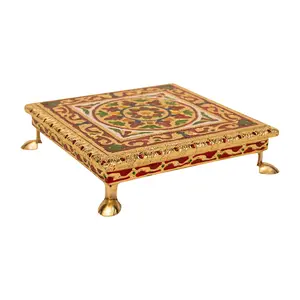 Rajasthani HAAT ANDC Craft Handcrafted Multicolored Meenakari Artwork Adorns This Wooden Bajot Chowki Handmade with a Multi-Purpose Design and Featuring Stunning Meenakari Detailing. (8" X 8"inches)