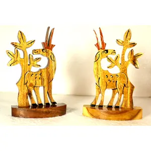 SAHARANPUR HANDICRAFTS Tree Deer Set Wooden handicrafts Showpiece Item Table Decoration and Wall Mounted Home Decor Gifts and Toy for Kids Product 22 cm high Clear 2 in Box