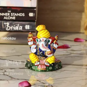 MEENAKARI ENAMEL PRODUCTS Metal Pagdi Ganesha Idol I Painted I Enameled I Bright Colors I Gifting I Home Decor I Pooja I Temple I Car - 3 Inches (Yellow-Blue)