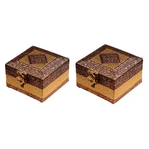 MEENAKARI ENAMEL PRODUCTS Combo of 2 Pieces (4x4 Inches) Handicraft Jewellery Box Wedding Gift Box Meenakari Wooden Box Vanity Box Jewellery Bangle Earrings Necklace Vanity Box- Brown