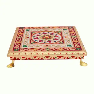 MEENAKARI ENAMEL PRODUCTS Wooden Meenakari Pooja Chowki - Religious Puja Bajot for Home and Office Decor Ideal as a Gift (Size: 10" x 10" inches)