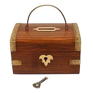 SAHARANPUR HANDICRAFTS Wooden Handmade Wood & Brass Big Piggy Money Bank Coin Box with Brass Strips|Money Bank for Kids|Piggy Bank for Boys|