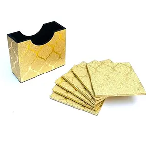 SAHARANPUR HANDICRAFTS Set of 6 Covered MDF Tea Coasters with Stand Tea Coasters Coffee Coasters Kitchen Dinning (10 * 10 cm) (Gold Drops)