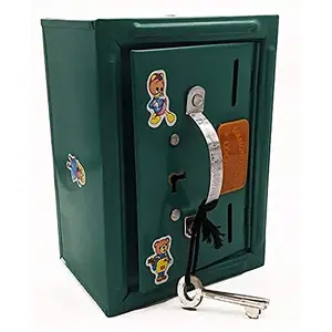 SAHARANPUR HANDICRAFTS Almirah Style Coin Box Piggy Bank Gullak for Kids 2 Compartments Money Saving ATM Home Decor Showpiece with 2 Keys Multicolor (15 x 11 cms) (Green)