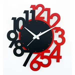 Numerical Design Wall Clock MDF Wood Sweep Movement no Sound (30 x 33 x 3 cm Black & Red) (Numerical Design)