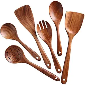 SAHARANPUR HANDICRAFTS Handmade Wooden Serving and Cooking Spoon Ladles & Turning Spatulas Kitchen Non Stick Utensil Set (6)
