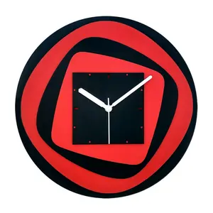 Geometrical Design Wall Clock MDF Wood Sweep Movement no Sound (30 x 30 x 3 cm Black & Red) (Geometrical Design)