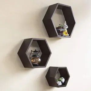 SAHARANPUR HANDICRAFTS Wooden Hexagon Shape Wall Shelf for Living Room | Wall Mount Floating Book Shelves | Wall Mounted Hanging Wall Shelf for Home Dcor | Wall Shelves/Display Storage Organizer for Bedrooms Bathrooms Kitchen & Office | Brown Pack of 3