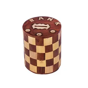 SAHARANPUR HANDICRAFTS Handmade Wooden Chess Print Money Bank ///Round Shape Money Bank//Coin Storage Box for Kids BROWN