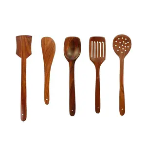 SAHARANPUR HANDICRAFTS Hand Made Wooden Serving & Cooking Spoons for Kitchen & Dining Table Set of 5(Brown)