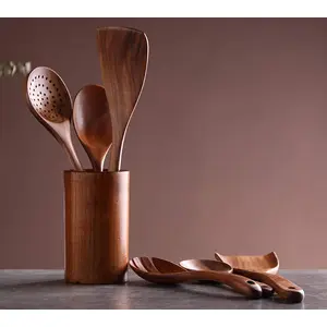 SAHARANPUR HANDICRAFTS Kitchen Utensils Set Wooden Spoons for Cooking Non-Stick Pan Kitchen Tool Wooden Cooking Spoons and Wooden Utensil Storage Wooden Barrel (Set of 6 with Holder)