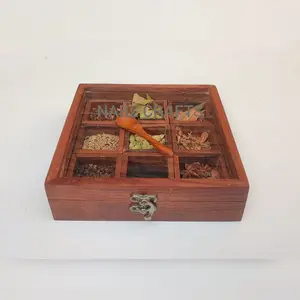SAHARANPUR HANDICRAFTS Sheesham Wood Spice Box with Spoon Wooden Masala Box Masala Dabba - (9 Box)