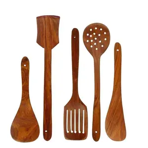 SAHARANPUR HANDICRAFTS Handmade Wooden (Sheesham) Serving And Cooking Spoon Non Stick Kitchen Utensil Set Of 5