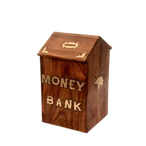 SAHARANPUR HANDICRAFTS Money Bank - Big Size Master Size Large Hut Shape Piggy Bank Wooden 10X6 Inch For Kids And Adults (Brown) Modern