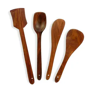SAHARANPUR HANDICRAFTS Wooden Serving & Cooking Spoons for Kitchen & Dining Table Set of 4 Dark Brown