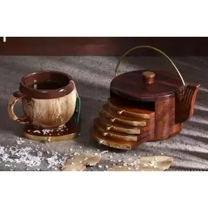 SAHARANPUR HANDICRAFTS Wood Tea Coaster Set Dinning Table Accessories Propper Coaster Stand Wooden Coaster Set for Kitchen