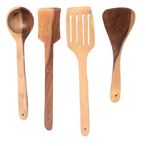 SAHARANPUR HANDICRAFTS Wooden Serving & Cooking Spoons for Kitchen & Dining Table Set of 4.