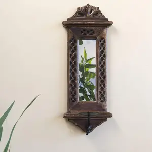 SAHARANPUR HANDICRAFTS Handcrafted Wooden Wall Hanging Mirror Reflection Candle Holder | Pillar Candle Stand with Mirror for Living Room | Wall Mounted Candle Holders for Home Decor | Mirrored Candle Holder | Pack of 1 (19 X 6 X 0.5 Inch)
